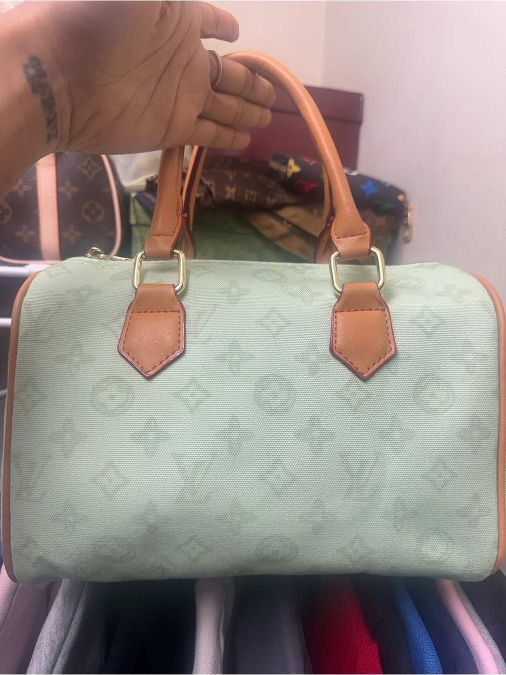 Mint Green Monogram Canvas Crossbody Satchel with Tan Leather Trim